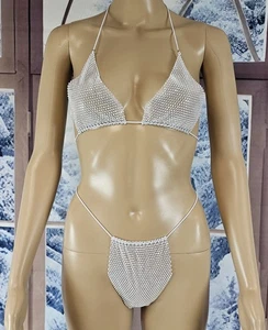 Shiny Rhinestone Sparkle Micro Bikini Set - White OSFM - Sexy Clubwear Cosplay - Picture 1 of 1