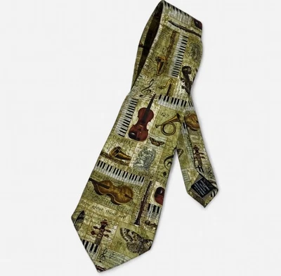 Eagles Wings Tie Musical Instruments Music Notes Violin Piano 100% Pure Silk - Image 1 of 4