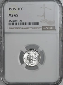 1935-P 10C MERCURY SILVER DIME "PHILADELPHIA MINT" NGC MS65 #8345182-101 - Picture 1 of 4