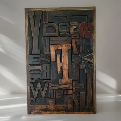 Vtg Wood Letterpress Type Block Art Collage “F” Print Tray Typography Wall Decor - Image 1 of 4