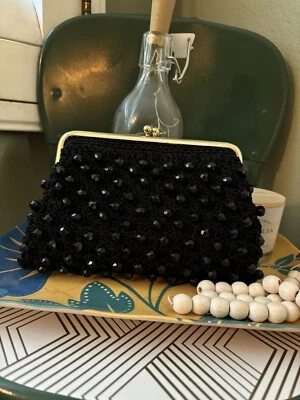 Beaded Black Clutch Purse Evening Bag Some Wear On The Brass Closure  - Image 1 of 4