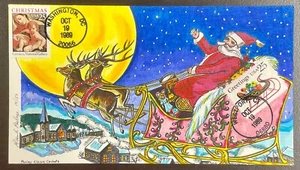 2427 & 2428 Paslay Hand painted Santa Claus over Christmas Village FDC 1989  - Picture 1 of 2