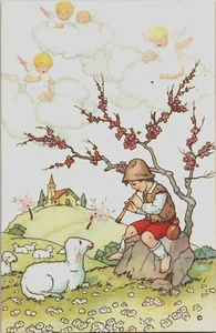 Tarjeta postal vintage de niño toca una flauta en una oveja B133 - Imagen 1 de 2
