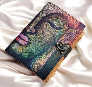 Boho Handcrafted Genuine Leather Journal with Buddha Art Design - Handmade Paper - Picture 1 of 9