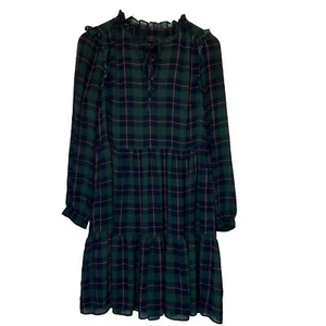 J Crew Medium Dress Tartan Plaid Green Blue Red Sheer Tiered Knee Length Ruffle - Picture 1 of 12