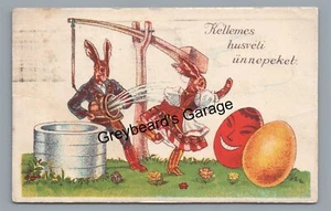 Anthropomorphic Dressed Bunny Rabbits Well Eggs EASTER Hungarian Zala Postcard - Picture 1 of 2
