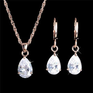 Pretty New Rose Gold Plated Clear White Teardrop CZ Necklace & Earrings Set - Picture 1 of 4