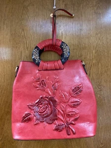 Neuf avec étiquette cuir rouge « inconnu », ROSES, fourre-tout poignée en bois avec bandoulière - Photo 1/5