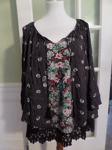 Ladies Size XL Style & Co Lined Floral on Black Cotton Rayon Top w/ Lace Hem - Picture 1 of 5