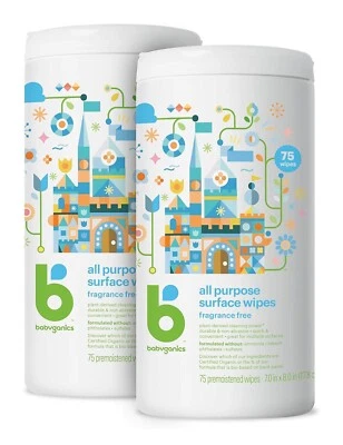 Babyganics All Purpose Surface Wipes, Fragrance-Free, 75 Count Plant Based 2PK