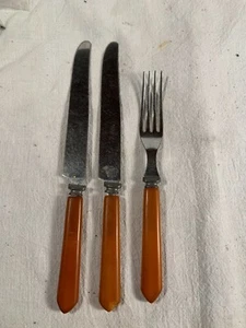 Vtg Bakelite Art Deco Flatware Silverware Set 3 Butterscotch Handles Fork-Knives - Picture 1 of 2