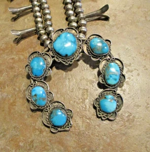 23" GEM !! Vintage Navajo Sterling CARICO LAKE TURQUOISE Squash Blossom Necklace - Picture 1 of 13