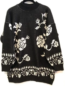 United States Sweaters Sz L Black White Floral Pullover Long Sleeve Sweater P/O - Picture 1 of 9