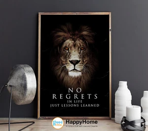 Lion Poster Motivational Inspiration Quotes Wall Art No Regrets in Life Canvas - Picture 1 of 16
