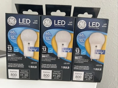 3 GE A19 LED Dimmable 800 Lumens 60 Watt Replacement 10 Watt PlugIn GU24 Base - Image 1 of 4