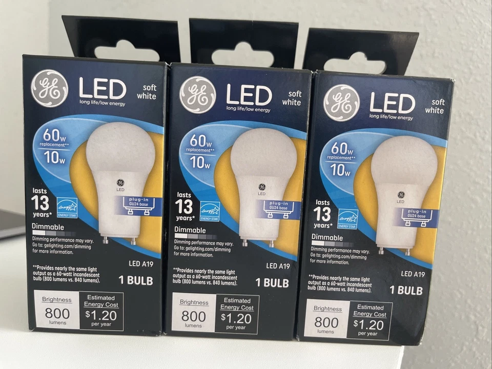 3 GE A19 LED Dimmable 800 Lumens 60 Watt Replacement 10 Watt PlugIn GU24 Base - Image 1 of 4