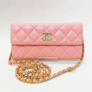 CHANEL Pink Caviar Skin Matelasse Long Wallet Chain Shoulder Bag Coco Mark Used - Picture 1 of 6