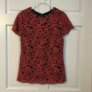 Shoshanna Blouse Women’s 6 Navy Blue Red Lace Top Anthropologie Short Sleeve - Picture 1 of 5
