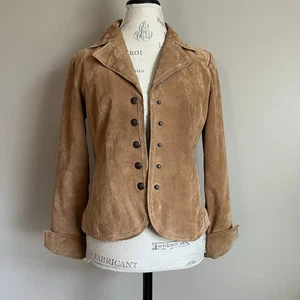 Y2K hellbraune maßgeschneiderte Leder Wildleder Jacke Gr. S Druckknopfleiste Boho Cowgirl - Bild 1 von 11