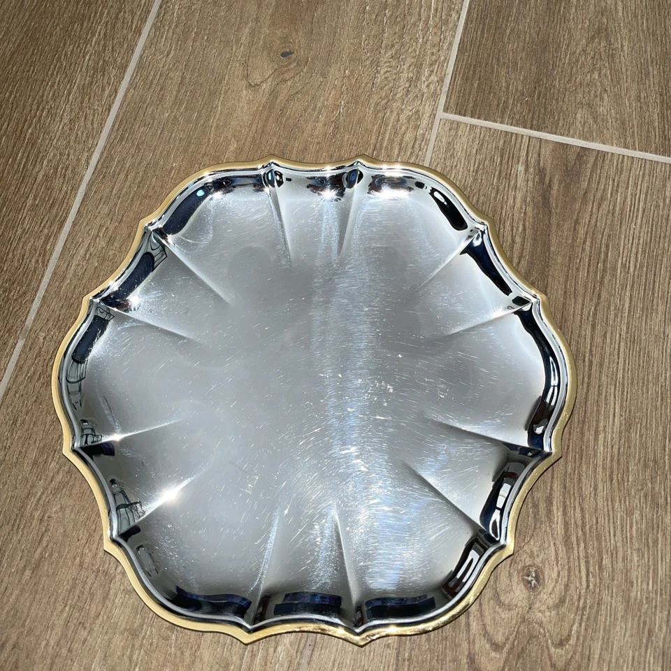 ONEIDA STAINLESS STEEL CHIPPENDALE TRAY WITH GOLD RIM - Image 1 of 4