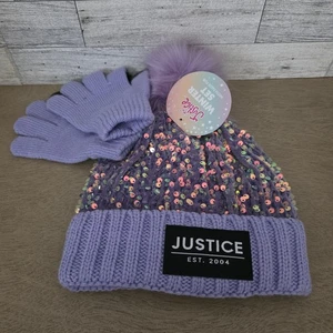 Justice Girls Purple Faux Fur Pom Pom Sherpa Beanie Hat/Gloves Set NEW - Picture 1 of 6