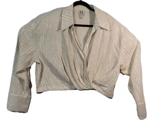 Worthington XXL Cropped V Neck Taupe/Silver Linen Blouse W/ Side Zipper - Picture 1 of 8