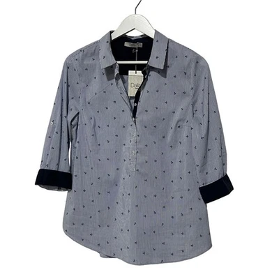 Dalia Top Womens Medium Popover Striped 3/4 Roll Tab Sleeve Anchor Print Navy - Image 1 of 4