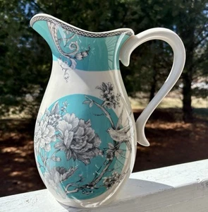 8-222 Fifth Adelaide Turquoise & White Floral Birds 96 oz Pitcher Excellent 🚭 - Picture 1 of 6