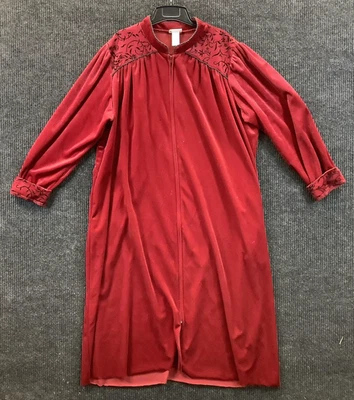 Bata Delicada Mujer 1X Rojo Terciopelo Cremallera Frontal Largo Salón Abrigo Flocado Foto 1 de 4