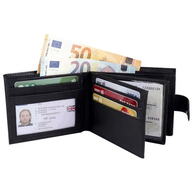 New Mens RFID Blocking Real Leather Coin Pocket Wallet Purse ID Holder 335 Black