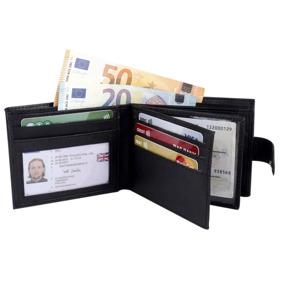 New Mens RFID Blocking Real Leather Coin Pocket Wallet Purse ID Holder 335 Black