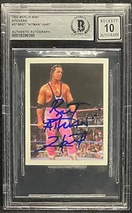 BRET HITMAN HART SIGNIERT WWF 1992 MERLIN AUFKLEBER #37 BECKETT AUTO GRADE 10 385 - Bild 1 von 2