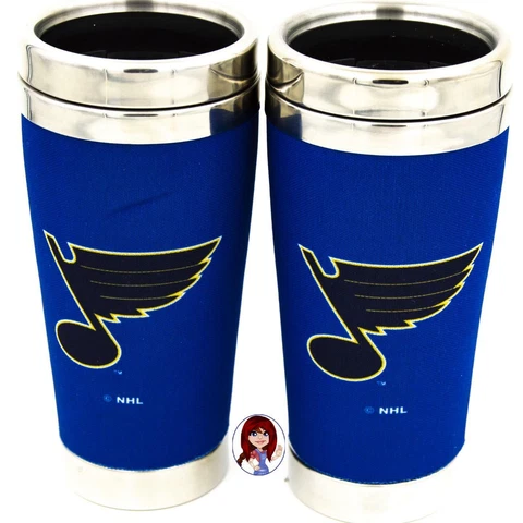 LICENSED St Louis Blues 2-Piece Set Stainless Steel Insulated Travel Mugs MINT! Cover