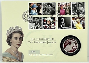 PNC UK Queen Elizabeth II Diamond Jubilee 5 Pound PROOF Coin & 8 Stamps 377 RARE - Picture 1 of 8
