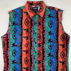 VTG Wrangler Cowboy Cut Sleeveless Button Shirt Sz 16 1/2 Aztec Native American - Picture 1 of 8