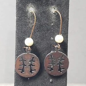 Dangle Threader Earrings Copper Tone Faux Pearls Modernist Bohemian Pierced 2.5" - Picture 1 of 9