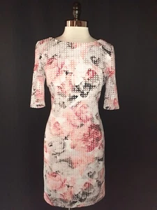 SANDRA DARREN Size 12 Sheath Dress Pink White Red Floral Short Sleeve Stretch - Picture 1 of 6