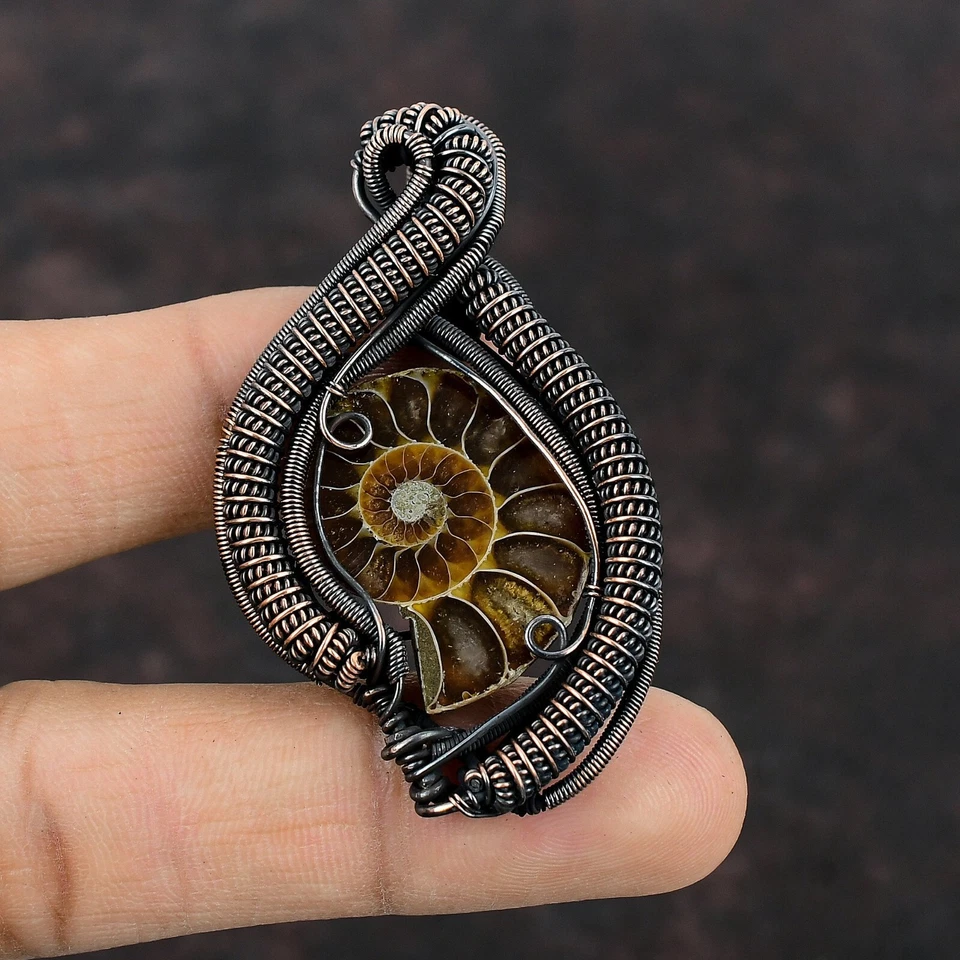 Ammonite Fossil Jewelry Copper Gift For Bridesmaid Wire Wrapped Pendant 2.36" - Image 1 of 4
