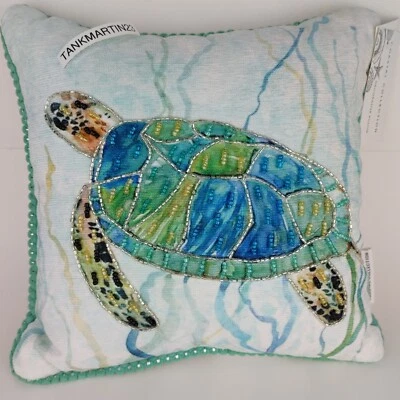 Coastal Collection Nautical Beach Beaded Sea Turtle Pillow 12" x 12" Blue Green - Image 1 of 4