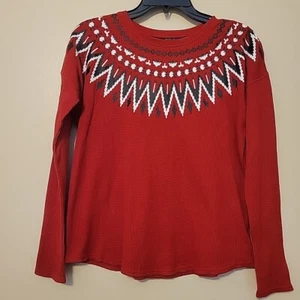 Polo Ralph Lauren Fair Isle Top Girls L 12-14 Red Waffle Knit Pullover Thermal - Picture 1 of 10