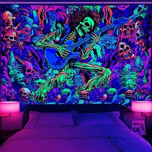 Blacklight Skull Tapestry UV Reactive Hippie Skeleton Rock and Roll Tapestry Abs - Picture 1 of 12