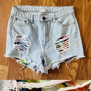 LIT2 Distressed FLORAL Lined HIGH-WAISTED Denim Cutoff SHORTS Medium - Picture 1 of 8
