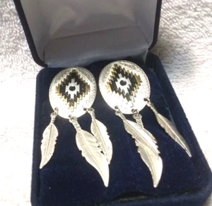 Montana Silversmiths Aztec Silver Gold Earrings Dangle Feathers Stud +Box Great - Picture 1 of 10