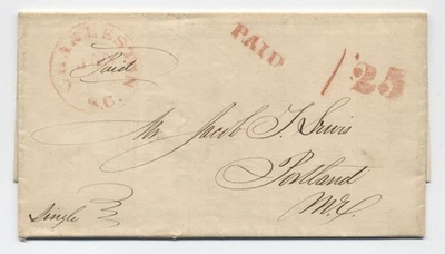 1845 Charleston SC red CDS stampless letter paid, 25 rate handstamp [K.139] - Image 1 of 3
