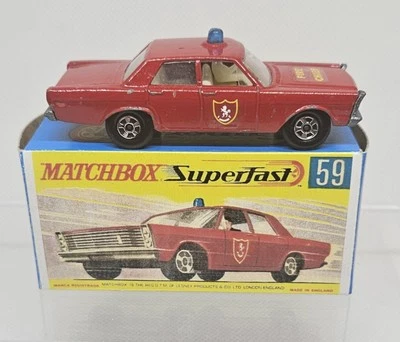 Vintage 1969 Matchbox Superfast #59 - FIRE CHIEF GALAXIE - DECAL Hood :Repro Box - Image 1 of 4