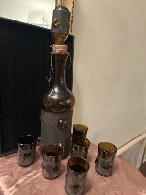 JUEGO DE 8 VASOS Y JARRA DE VIDRIO ENCARCELADO VINTAGE BRUTALIST FELIPE DERFLINGHER Foto 1 de 4