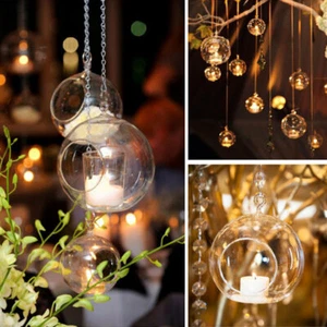 6x Clear Glass Baubles Tea Light Holder Outdoor Wedding Tealight Hanging 8/12cm - Picture 1 of 7