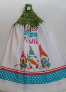 GREEN Yarn Crocheted Top EASTER WITH MY GNOMIES Print Cotton Kitchen Towel - Picture 1 of 2