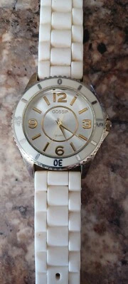 Reloj Pulsera Chisme Blanco Acero Inoxidable Silicona/Goma Correa BATERÍA NUEVA LIMPIA Foto 1 de 3