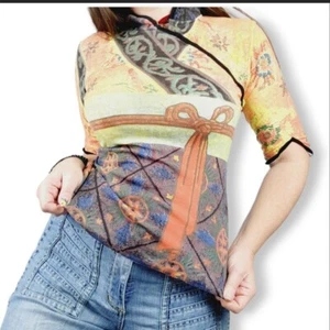 Top Cheongsam vintage Y2K para mujer S impresión fotográfica lazos geisha arte brillante pintura - Imagen 1 de 8